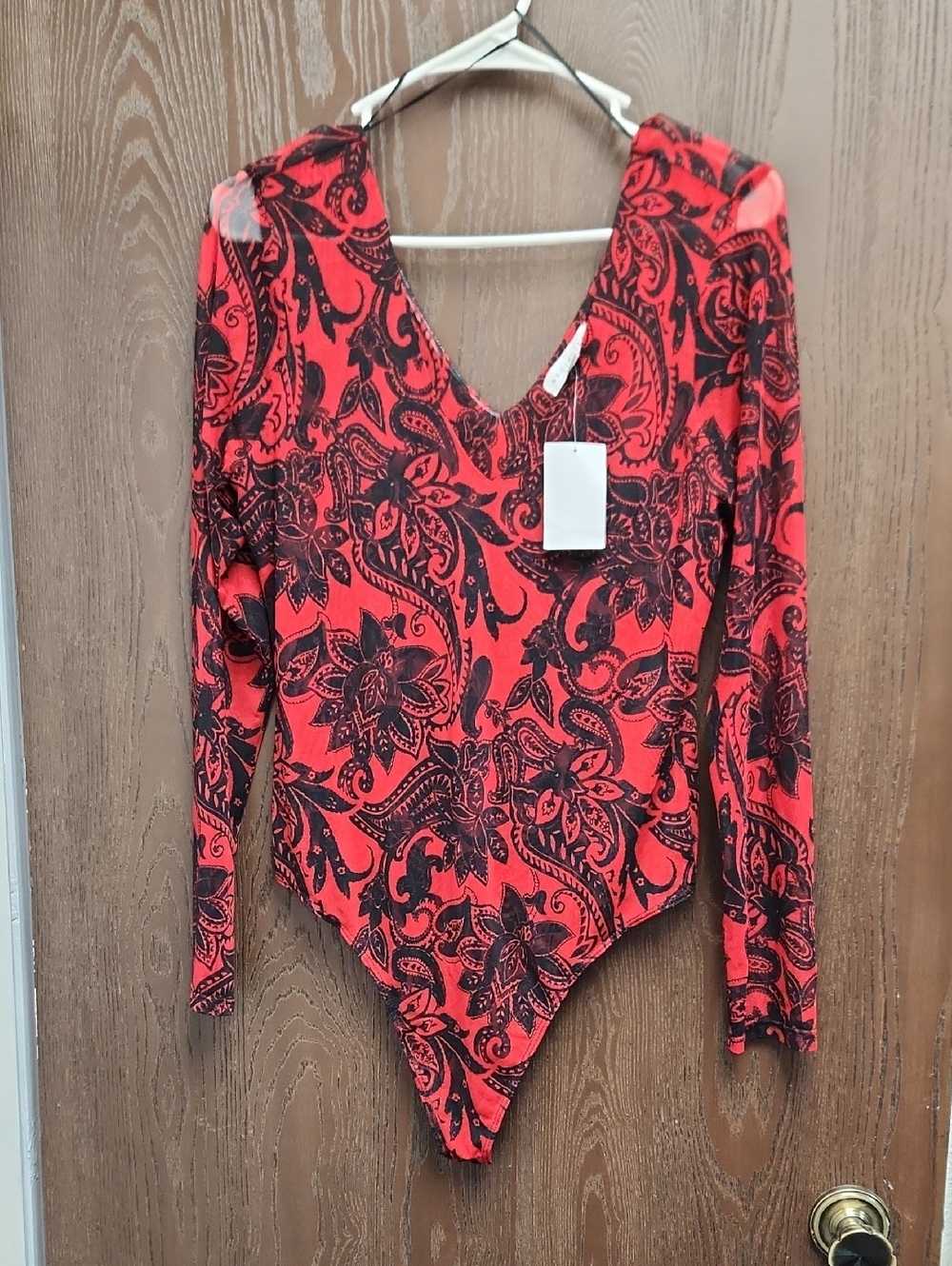 Socialite Red and Black Paisley V-Neck Bodysuit